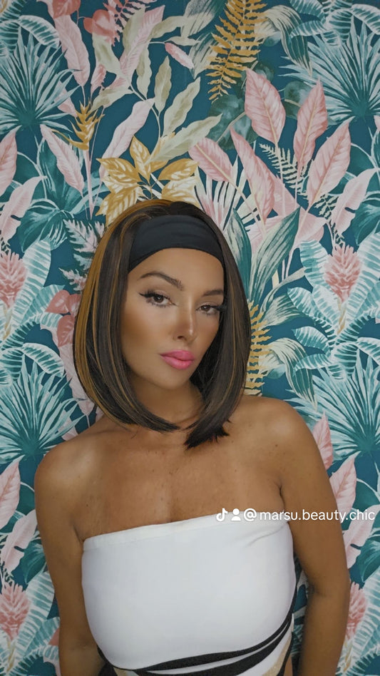 NEW ENTRY WIG CON FASCIA CARRÈ LUNGO,CASTANO SCURO CON MESCHES RAME
